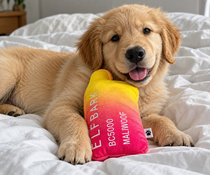 Golden puppy beside a pink and yellow plush dog toy