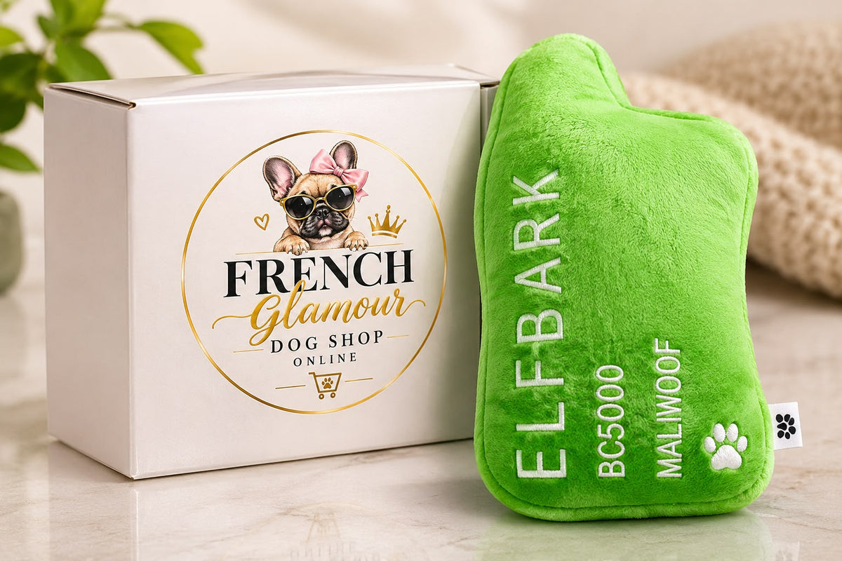 Green plush dog toy beside French Glamour packaging