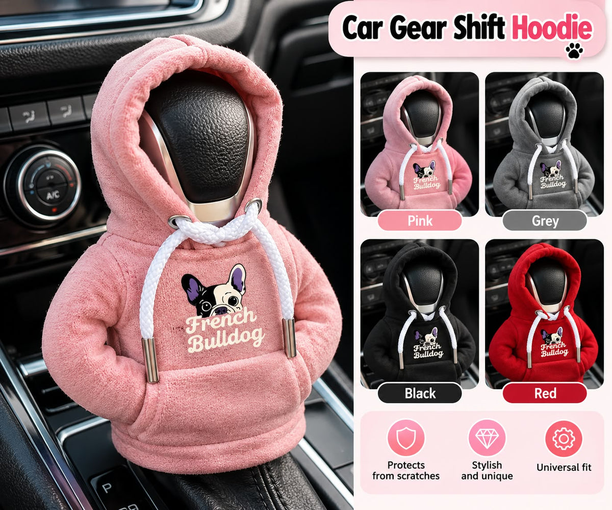 French Bulldog gear shift hoodie shown in pink, grey, black and red
