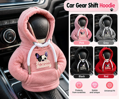 French Bulldog gear shift hoodie shown in pink, grey, black and red